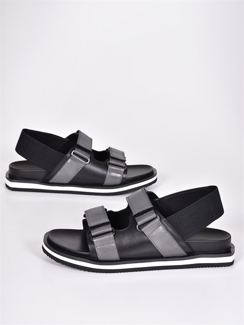 Модные сандалии из натуральной чёрной кожи с серыми ремешками - фото 5650