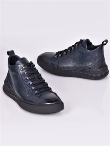 Кожаные ботинки тёмно-синего цвета на рельефной подошве - фото 5682